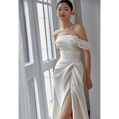 dresses Satin off-Shoulder Wedding Dress 2025 New Bridal Simple Welcome Door Light Yarn Long Split Slimming Light Wedding Dress
