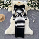 long sweater dress outfit 2025 Autumn and Winter Korean Style Women's off-Shoulder Long Sleeve Striped Sweater Knitted Dress Slim Slimming Dress 6979