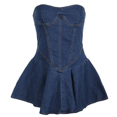 birthday outfit 2025 Summer Tube Top Elastic Waist A- line Dress Split Sexy Lotus Leaf Hem Sheath Denim Skirt