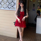 dress to impress codes Pure Desire Style Red White Sling Dress Women's 2025 Summer New Design Sense Waist Slimming Cake Skirt