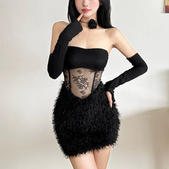 Christmas Plush Mesh Splicing Slim Tube Dress Set