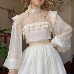 cybergoth dress to impress Chiffon Dress Butterfly Bone Creamy-white Vintage Yarn Lace Stand Collar Fairy Heavy Industry Big Swing Style Princess