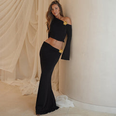 Slant Collar 3D Decoration High Waist Long Skirt Suit