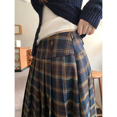 90s fashion 2024 Early Autumn Retro Preppy Style Plaid Pleated Skirt Green Plaid High Waist Mid-Length Skirt