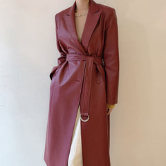 black sweater dress outfit Chic Autumn Retro Suit Collar Single-Breasted Lace-up Waist over-the-Knee Long PU Leather Trench Coat for Women