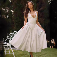 dress 2025 Spring and Summer French Socialite Deep V-neck Sexy Halter Lace-up Stitching Pleated Waist Slimming Sweet Dress