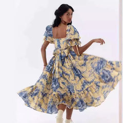 dress to impress 2025 Summer New Square Collar Puff Sleeve Pleated Lace-up Waist Long Printed Dress