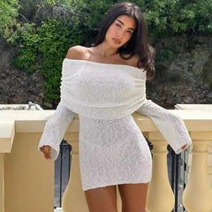 drag dress to impress INS Style 2025 Autumn and Winter New Women's Clothing Temperament off-Shoulder Solid Color Backless Long Sleeve Knitted Dress Women