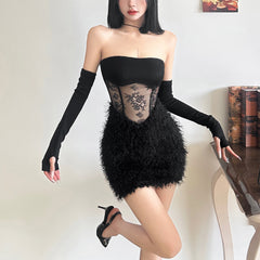 Christmas Plush Mesh Splicing Slim Tube Dress Set
