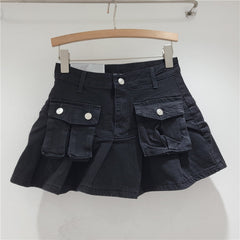 discover style ideas Age-Reducing Pocket Denim Small Skirt Women's Small Hot Girl Pleated Skirt Retro High Waist Anti-Exposure A- line Skirt
