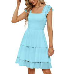 earthy style outfits dress to impress Spring and Summer Women's Solid Color Square Collar Layered Dress