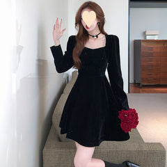 leapord halloween outfit Lace-up Velvet Dress Slimming Bow Winter French Retro Red Fairy Short Skirt