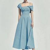 outfit Niche 2025 Elegant Slim-Fit Irregular Shoulder Strap Dress Haze Blue Oblique Shoulder Dress 1142