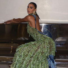 Hollow Back High Waist Tassel Stitching Dress