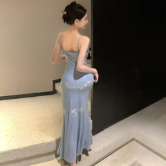 aquatic dress to impress Sexy Rhinestone Sling Swing Collar Slim Sheath Fishtail Dress Women