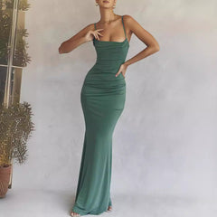 prom dresses Women's Fishbone Pleated Sexy Backless Strap Fishtail Slim Dress Evening Dress