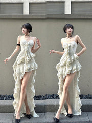 discover style ideas French Ruffled Irregular Sling Dress Summer Seaside Vacation Long