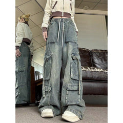 hipster dress to impress Elastic Waist American Retro Wide Leg Meat Covering Straight Harem Loose New Washed Denim Overalls Women's Daddy Fashion