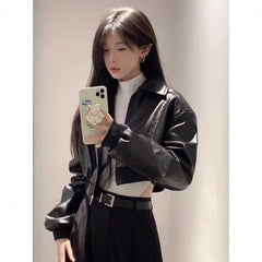 black sweater dress outfit American Retro Black PU Leather Jacket Women's Small Short Niche Leather Jacket Trendy Cool Spring and Autumn