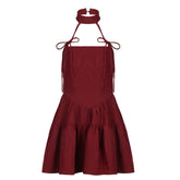 cybergoth dress to impress 2025 French Retro Red Bow Strap Halter Dress Waist Slimming A- line Fluffy Suspender Skirt Spring