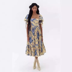 dress to impress 2025 Summer New Square Collar Puff Sleeve Pleated Lace-up Waist Long Printed Dress