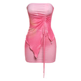 Tie-Dye Printed Pleated Drawstring Top and Hip Skirt Set