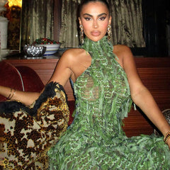 Hollow Back High Waist Tassel Stitching Dress