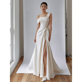 dresses Satin off-Shoulder Wedding Dress 2025 New Bridal Simple Welcome Door Light Yarn Long Split Slimming Light Wedding Dress