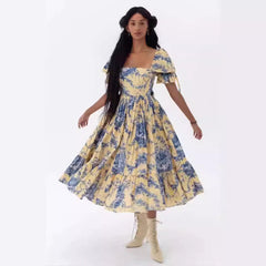 dress to impress 2025 Summer New Square Collar Puff Sleeve Pleated Lace-up Waist Long Printed Dress