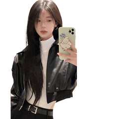 black sweater dress outfit American Retro Black PU Leather Jacket Women's Small Short Niche Leather Jacket Trendy Cool Spring and Autumn