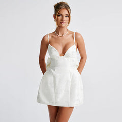 hoco dresses Jacquard Sling Dress Women's Summer New V-neck Backless Bow Dress