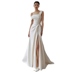 dresses Satin off-Shoulder Wedding Dress 2025 New Bridal Simple Welcome Door Light Yarn Long Split Slimming Light Wedding Dress