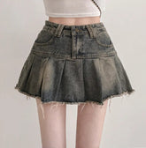 2000s fashion Hot Girl Retro Frayed Skirt Denim Women's New Washed Distressed Design High Waist Slimming Pleated Skirt