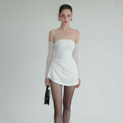 android vs cyberborg dress to impress 2025 Summer New Elegant Temperament Solid Color Tube Top off-the-Shoulder Thin Flash Design Tight Waist Short Dress