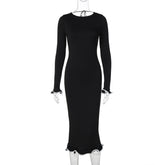 outfit inspo 2025 New Backless Flared Sleeve Ruffled Skirt Knitted Dress Sexy Contrast Color Long Dress Women