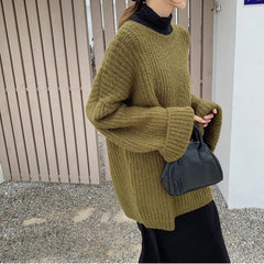 long sweater dress outfit Soft Glutinous Lazy Style Sweater Pullover Autumn 2025 Solid Color round Neck Retro Hong Kong Style Sweater Women's Coat