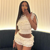 Sweet lace hollow mesh belly-exposing pants suit