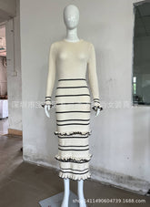 outfit inspo Ruffled Tight Knitted Dress Long Skirt Autumn and Winter 2025 Contrast Color Stitching Elegant Retro Dress