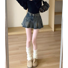 2000s fashion Retro Distressed Frayed Skirt Denim Women's Summer New Skirt Hot Girl Pleated Skirt High Waist A- line Skirt