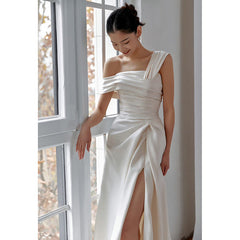 dresses Satin off-Shoulder Wedding Dress 2025 New Bridal Simple Welcome Door Light Yarn Long Split Slimming Light Wedding Dress
