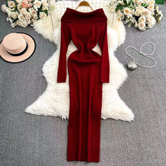 long sweater dress outfit 2025 Autumn and Winter Elegant Slim-Fit Sheath Slimming off-Shoulder Collarbone Black and White Stripe Knitted Dress 82
