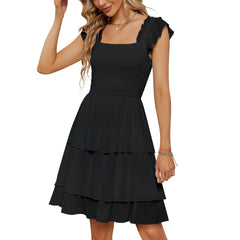 earthy style outfits dress to impress Spring and Summer Women's Solid Color Square Collar Layered Dress