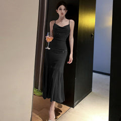 aquatic dress to impress Sexy Rhinestone Sling Swing Collar Slim Sheath Fishtail Dress Women