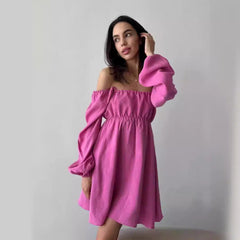 freshman hoco dresses 2025 New Women's Square Collar Dress Long Sleeve Puff Sleeve A- line Casual Dress