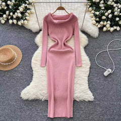 long sweater dress outfit 2025 Autumn and Winter Elegant Slim-Fit Sheath Slimming off-Shoulder Collarbone Black and White Stripe Knitted Dress 82