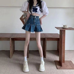 2000s fashion Denim Fishtail Skirt Women's Fashionable New Small High Waist A- line Slimming Versatile 2024 Short Culottes