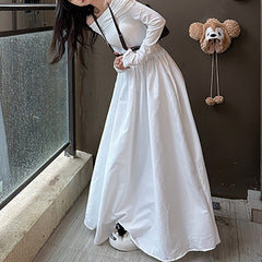 cybergoth dress to impress White off-Shoulder Long Sleeve Dress for Women Spring and Autumn New off-Shoulder Waist Slimming A- line Long Dress Ins