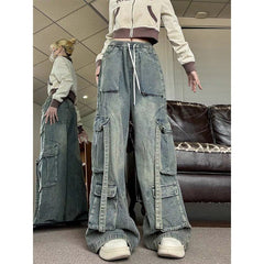 hipster dress to impress Elastic Waist American Retro Wide Leg Meat Covering Straight Harem Loose New Washed Denim Overalls Women's Daddy Fashion