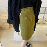 grunge outfits Mustard Green All-Match High Waist Corduroy Skirt for Women