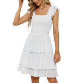 earthy style outfits dress to impress Spring and Summer Women's Solid Color Square Collar Layered Dress